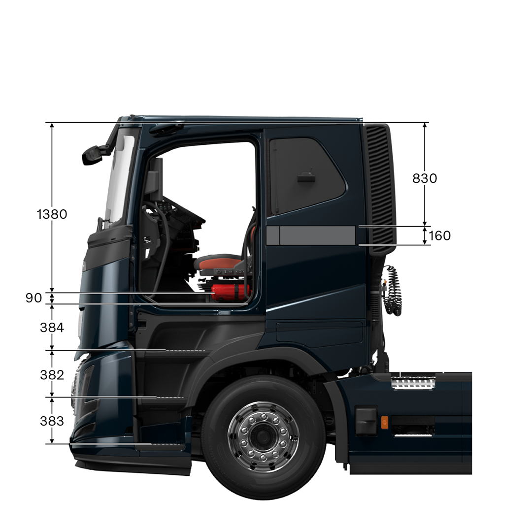 Volvo FH16 Aero low sleeper cab with measurements, viewed from the side